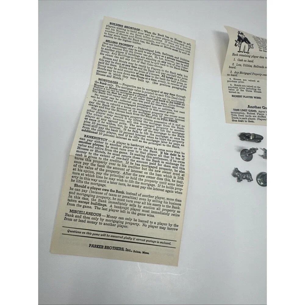 Vintage 1961 Monopoly Board Game Instructions Cream Dice 7 Pewter Game Pieces